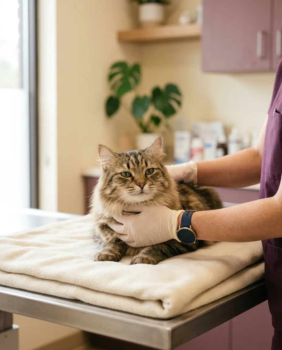 A calm cat being examined by a kind vet
